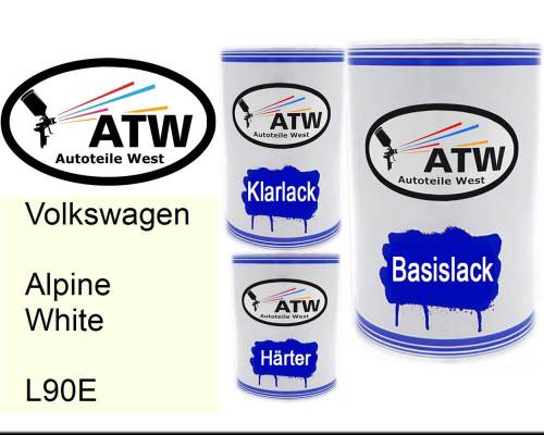 Volkswagen, Alpine White, L90E: 500ml Lackdose + 500ml Klarlack + 250ml Härter - Set, von ATW Autoteile West.